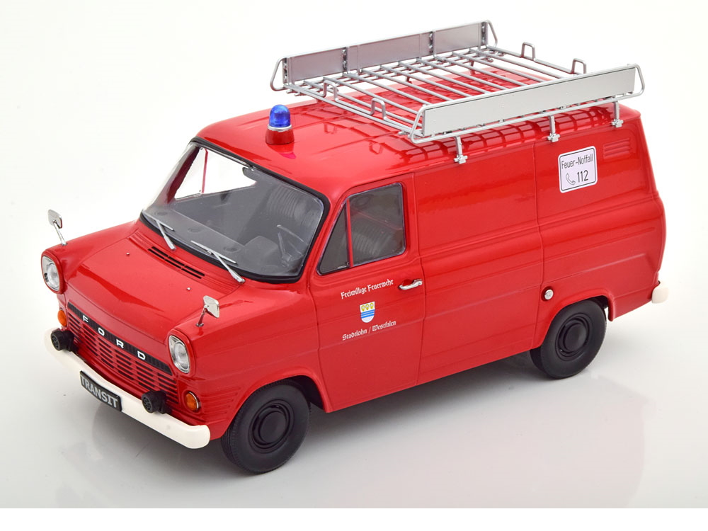 Hot Wheels - Ford Transit Kastenwagen mit Dach-Gepäckträger, Feuerwehr 1970 rot - 