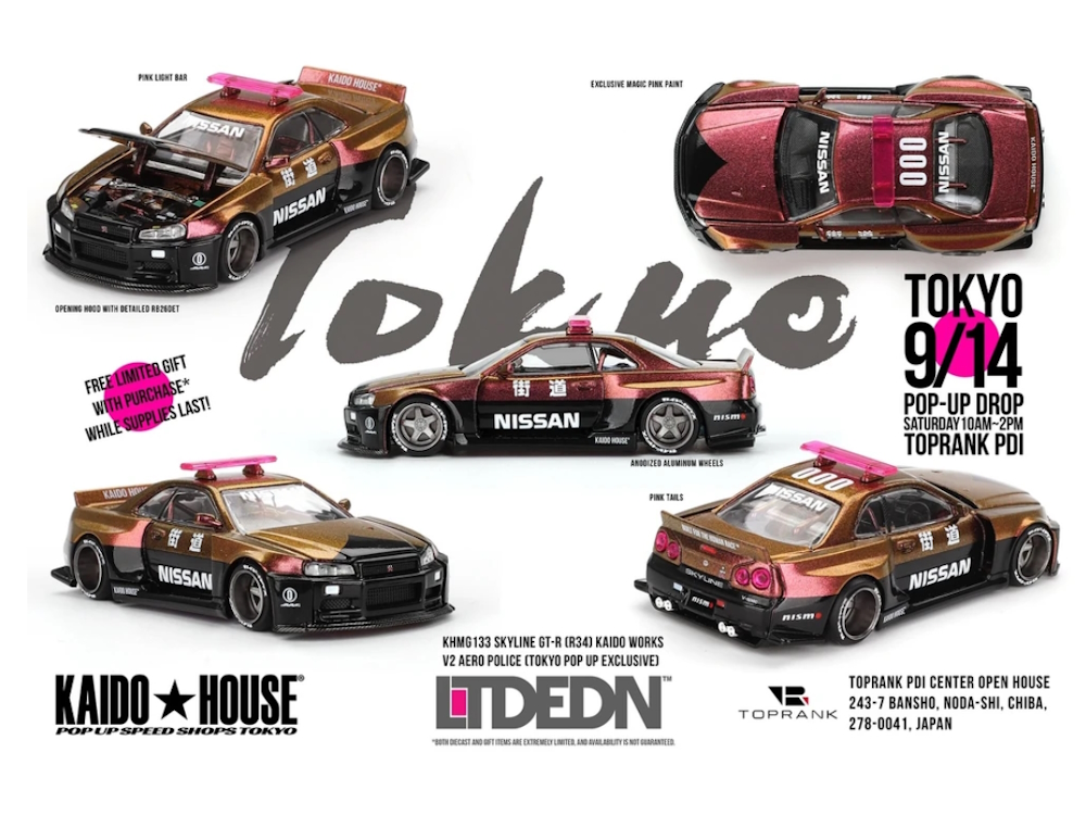 Hot Wheels - Nissan Skyline GT-R (R34) Kaido Works V2 Aero Police (Tokyo Pop Up Exclusive) -